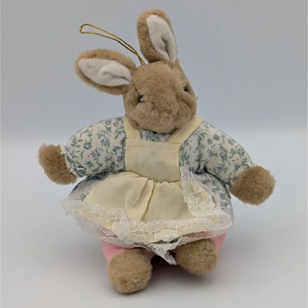 VTG Toy-O-Rama Plush Bunny Rabbit Ornament Floral Dress Lace Trim 6